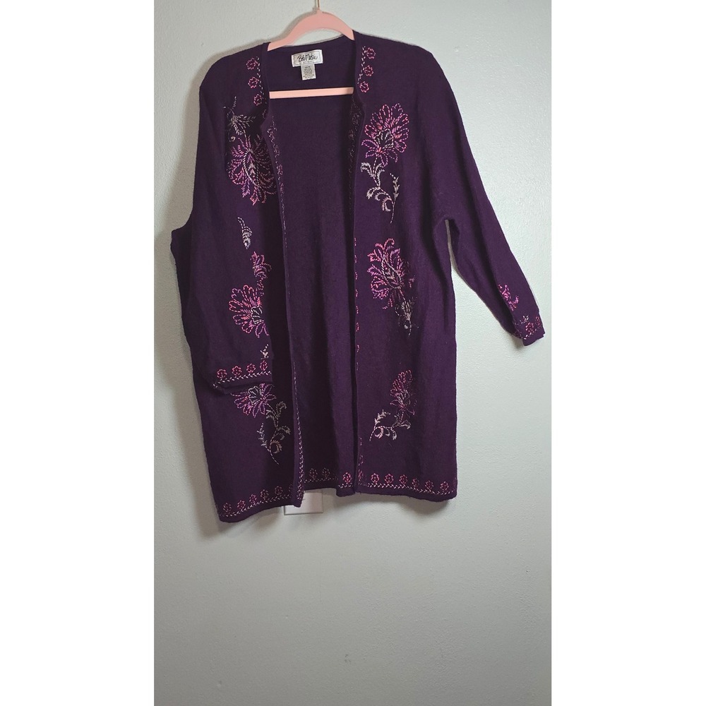 Bob Mackie Studio Purple 100% Wool Embroidered Floral Cardigan Sweater 1X